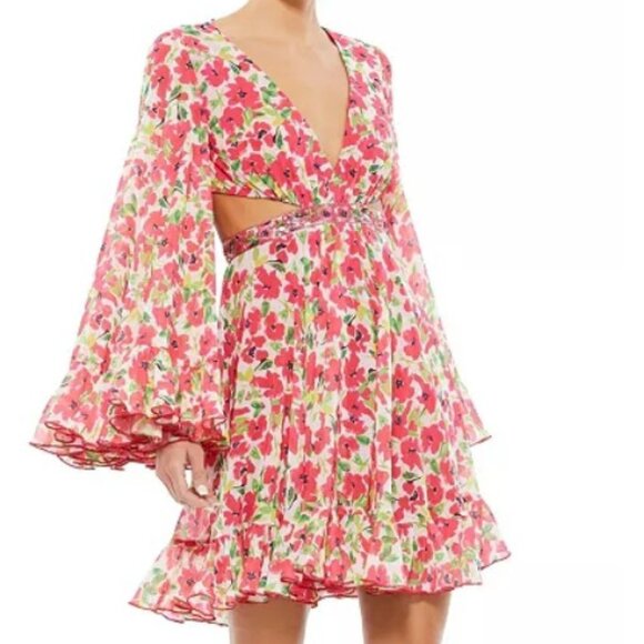 Mac Duggal Floral Cut Out Mini Dress Long Bell Sleeves Size 0 New NWT - Picture 6 of 13